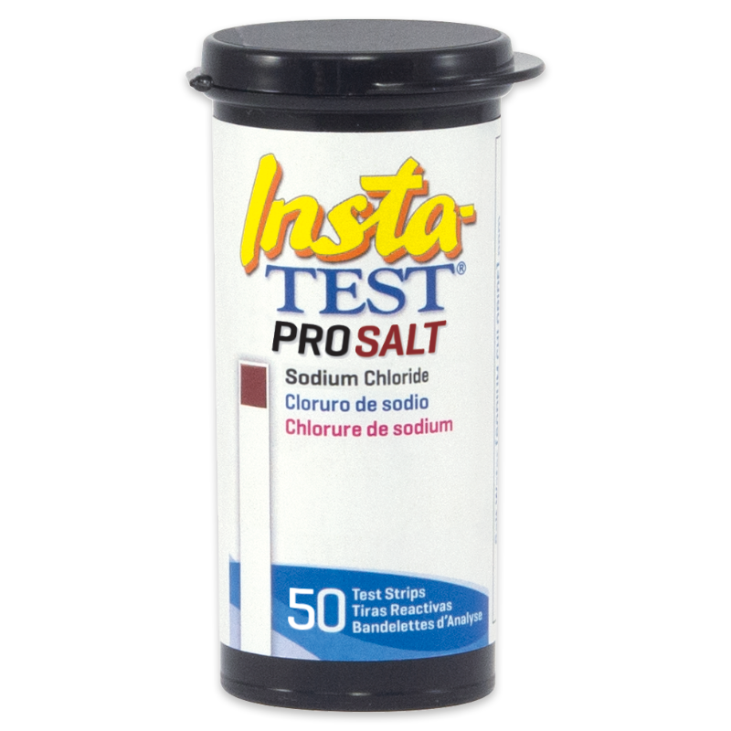 A white plastic container labeled Insta-TEST® PRO Sodium Chloride (Salt) Test Strips - 2998-H, featuring a black lid and blue label, contains 50 test strips for convenient salt testing.