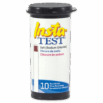 A cylindrical container labeled Insta-TEST Sodium Chloride Test Strips - 2998, with text in English, Spanish, and French and a black lid. The package contains 10 salt (sodium chloride) test strips.