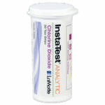 A white plastic container of Insta-Test Analytic Chlorine Dioxide Sanitizer Test Strip - 2999 by LaMotte, labeled for 50 test strips, featuring a color chart and product information on the label.