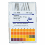 Une boîte de bandes de test Wide Range pH - 3-2950 pour les tests, marquée pH 0-14, avec un tableau des couleurs allant du rouge au violet foncé pour une lecture facile, avec 100 tests inclus dans le paquet.