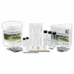 The Earth Force® Low Cost Water Monitoring Kit - 3-5886 features a white container, four test tubes, three sample bottles, chemical packets, color charts, test strips, a dropper, and an instruction manual arranged on a white background.