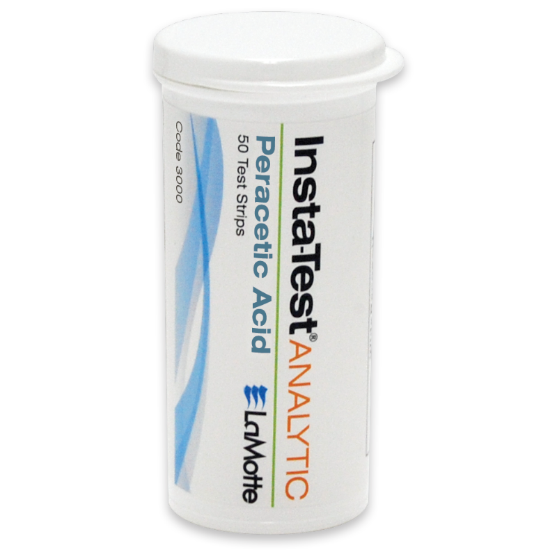 A white cylindrical container labeled Insta-Test Analytic Peracetic Acid 50 Test Strips - 3000 by LaMotte, with blue and orange text and a white cap, displayed on a plain background.