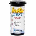 A container of Insta-TEST Copper pH and Alkalinity Test Strips - 3001-G by LaMotte, with 25 strips for checking alkalinity, pH, and copper. The label highlights color indicators and the slogan Just SWIRL & READ!.