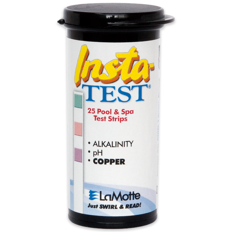 A container of Insta-TEST Copper pH and Alkalinity Test Strips - 3001-G by LaMotte, with 25 strips for checking alkalinity, pH, and copper. The label highlights color indicators and the slogan Just SWIRL & READ!.