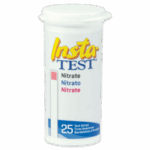 A white container labeled Insta-TEST Nitrate Test Strips - 3012-G features a test strip illustration, English and Spanish text, and a blue section noting 25 Test Strips.