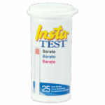 Un recipiente cilíndrico blanco etiquetado como Insta-TEST Borate Test Strips - 3017-G, con una tira de color y texto indica que contiene 25 tiras para pruebas de borato. La etiqueta también muestra instrucciones en varios idiomas.
