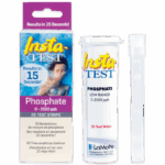 Insta-TEST® Low Range Phosphate Test Strips - 3021-G kit includes a box, a tube for 25 strips (0–2500 ppb), and a single test strip vial. The water-themed packaging highlights results in just 15 seconds.