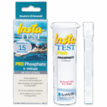 Packaging for Insta-TEST PRO Low Range Phosphate Test Strips - 3021-H. Features a teal and yellow box, white test strip container, and clear plastic vial—all clearly labeled with product information and measurement ranges.
