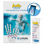 A pool water test kit featuring Insta-TEST® 6 Plus - 3028-HB-6 test strips, a booklet with a child swimming underwater, and a labeled container for pool and spa testing. A blue icon shows a close-up of a color test strip.