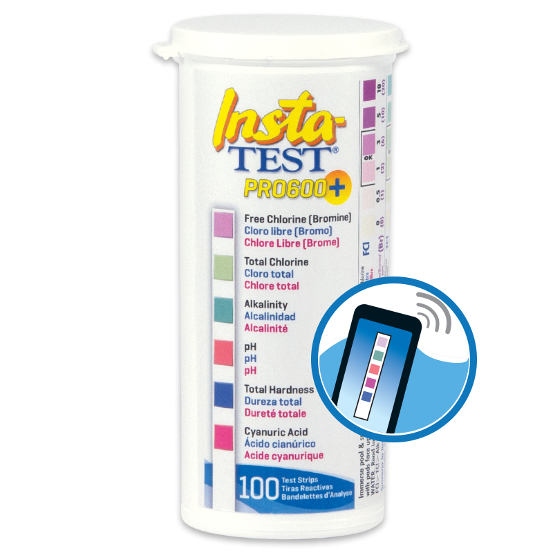 A white cylindrical container of Insta-TEST PRO 600 Plus - 3028-J pool test strips, featuring a color chart for water quality parameters like chlorine, alkalinity, pH, and hardness. An icon of a test strip appears at the bottom right.