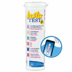 A white container of Insta-TEST® 6 Plus - 3028 pool test strips with a color chart on the label and an illustration showing a test strip being dipped in water. Each package contains 50 test strips.