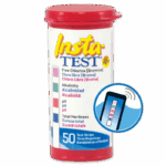 A container of Insta-TEST 4 Plus pool & spa test strips - 3029 with a red lid, featuring a label for free chlorine, alkalinity, pH, and total hardness. An icon displays a test strip with color indicators.