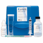 The High QAC Test Kit - 3042-01 includes a blue case, a dropper bottle labeled QAC Indicator Solution, a tall measuring tube, a clear dropper bottle, a white QAC Titration Solution bottle, and two syringes.