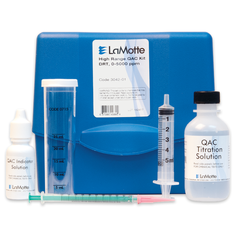 The High QAC Test Kit - 3042-01 includes a blue case, a dropper bottle labeled QAC Indicator Solution, a tall measuring tube, a clear dropper bottle, a white QAC Titration Solution bottle, and two syringes.