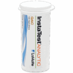 A white plastic container labeled Insta-TEST® QAC Test Strip - 3072-J by LaMotte, featuring a blue wave design and a white flip-top lid, stands upright on a light background.