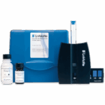 The Low Range Phosphate Test Kit - 3121-02 includes a blue carrying case, reagent bottles, a test vial with blue cap, comparator block, and color chart for accurate low-range phosphate level measurement.