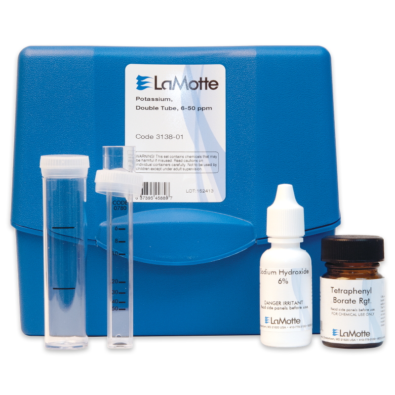 A LaMotte Potassium Test Kit - 3138-01 featuring a blue plastic case, two clear test tubes, a small measuring cylinder, a white dropper bottle labeled Sodium Hydroxide 6%, and a brown vial labeled Tetraphenyl Borate Rgt.