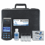 Black carrying case containing a Model DC1500 Chlorine Colorimeter Lab - 3240 kit with digital meter, water sample bottle, reagent tablets, four sample vials, and instruction card displayed in front.
