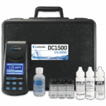 A Model DC1500 Chlorine Colorimeter Lab - 3240-LI test kit with a black carrying case, digital meter, sample bottle, three reagent dropper bottles, and four small sample vials arranged in front of the case.