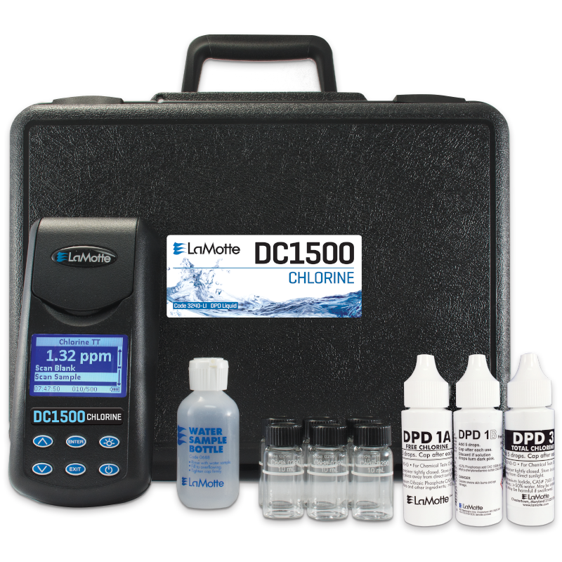 A Model DC1500 Chlorine Colorimeter Lab - 3240-LI test kit with a black carrying case, digital meter, sample bottle, three reagent dropper bottles, and four small sample vials arranged in front of the case.