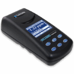 A black handheld Model DC1500 Phosphate Colorimeter Lab - 3242 features a blue-lit display screen showing “13.4 ppm” and “Scan Sample,” along with buttons labeled Enter, Exit, Menu, and arrows for easy operation.