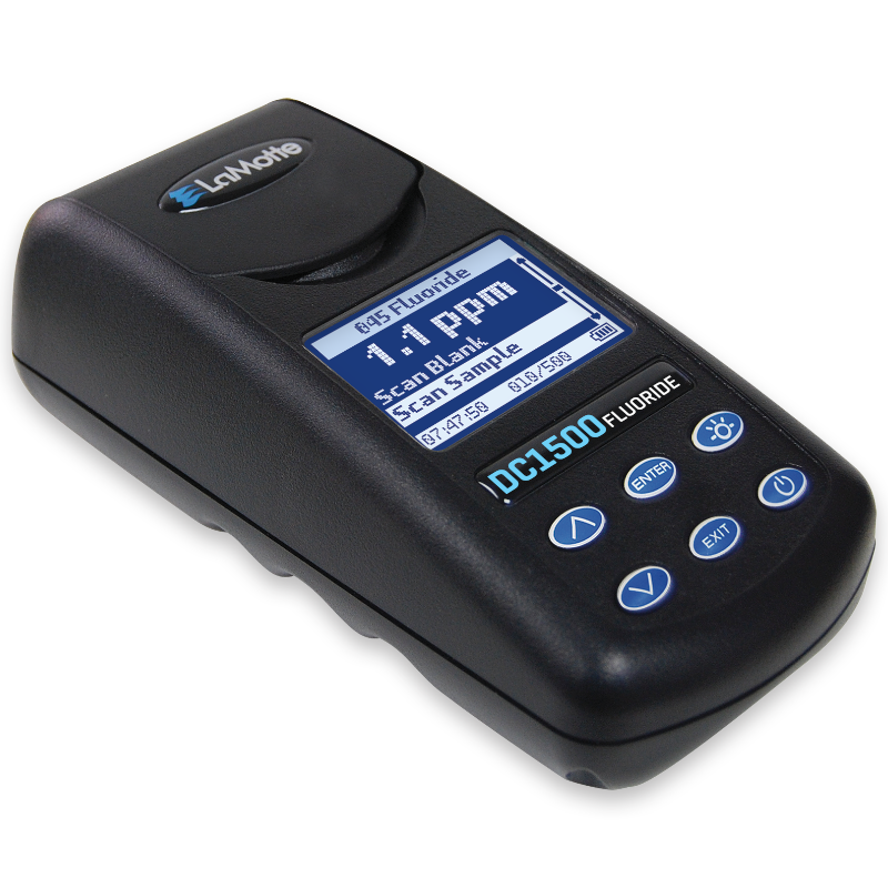 A black handheld device labeled LaMotte Model DC1500 Fluoride Colorimeter Lab - 3243 with a digital screen displaying 1.0 ppm and several blue buttons for navigation and operation.