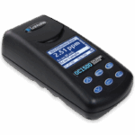 A handheld LaMotte Model DC1500 Chlorine Dioxide Colorimeter Lab - 3244 device with a digital screen displaying test information and several blue buttons labeled with functions like Enter and Exit on the front panel.