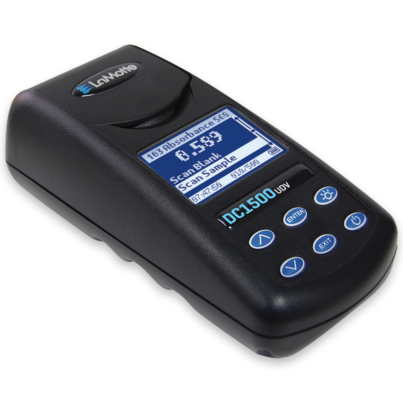 A portable LaMotte Model DC1500 Absorbance Colorimeter Lab device with a digital display showing absorbance values and several blue and white control buttons below the screen.