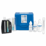 The Ammonia Nitrogen Test Kit - 3304-02 features a blue carrying case, reagent bottles, test tubes, a test tube holder, and color comparison charts displayed on a white background.
