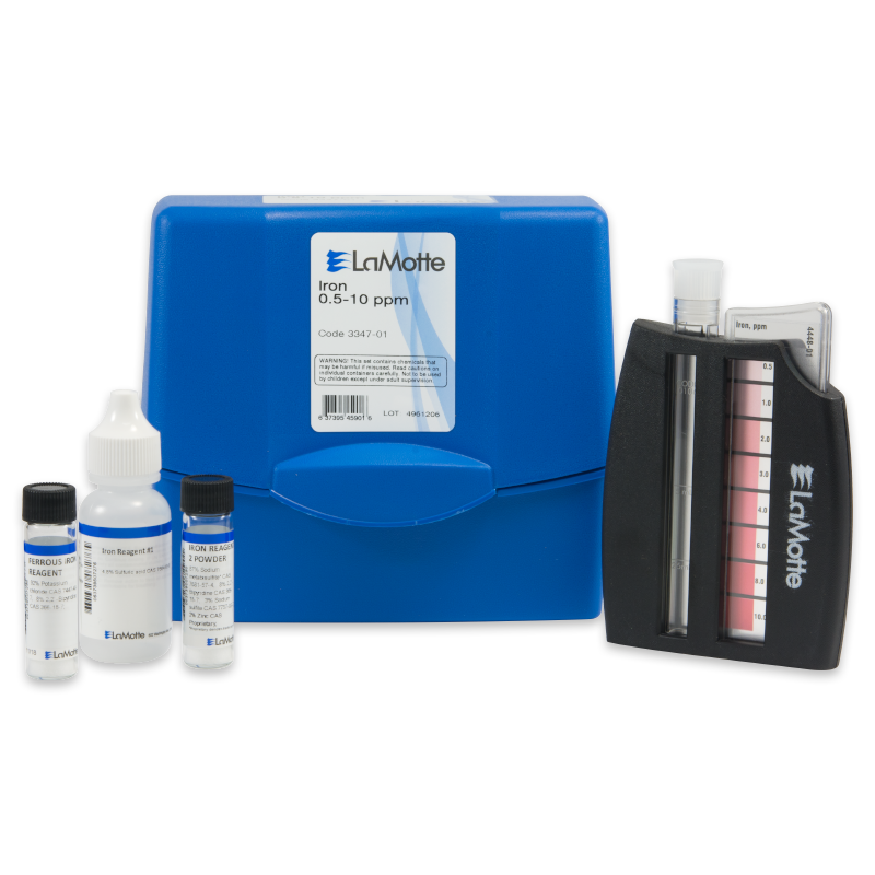The Iron Test Kit - 3347-01 features a blue carrying case, test tubes, reagent bottles, dropper, and a color comparator for measuring iron levels from 0.5 to 10 ppm.