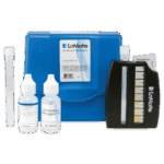 The Ammonia Nitrogen Aquarium Test Kit - 3351-02 includes bottles, a test tube, a blue carrying case, and a black color comparator—perfect for precise chemical water testing.