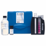 A LaMotte Nitrite-Nitrogen Test Kit - 3352-01 with a blue case, a bottle labeled Mixed Acid, a small vial labeled Color Developer Reagent, a color comparison chart, and a test tube with liquid.