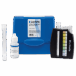 A LaMotte Wide Range pH Test Kit - 3353-01 features a blue case, clear test tube, reagent bottle, color comparison chart, and instruction papers displayed on a white background.