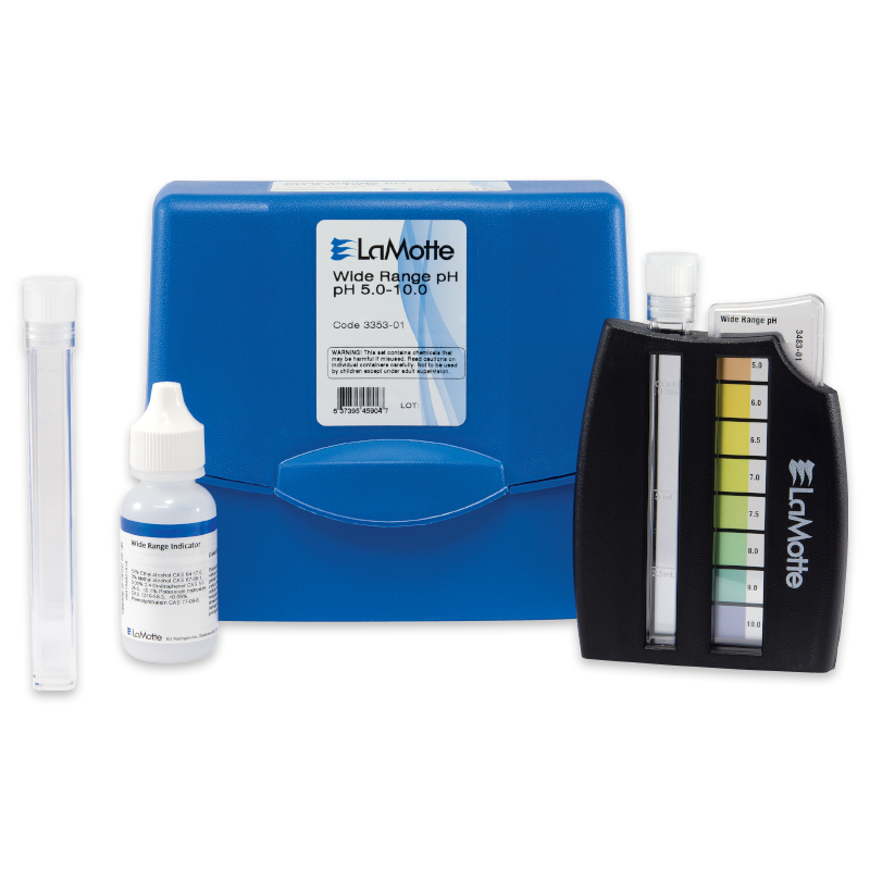 A LaMotte Wide Range pH Test Kit - 3353-01 features a blue case, clear test tube, reagent bottle, color comparison chart, and instruction papers displayed on a white background.