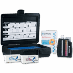 A LaMotte POOL MGR Tablet Series Test Kits - 3363-01 with an open black case showing instructions, test tablets, a color comparator, and a Pool Manager booklet.