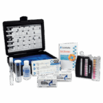 The POOL MGR Tablet Series Test Kits - 3366-01 includes vials, reagent tablets, color charts, instruction booklets, and a black carrying case displayed on a white background.