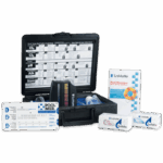 A pool water testing kit with a black case, color comparator, test tablets, instruction cards, and a “LaMotte Pool Manager” booklet is arranged on a white background. Features POOL MGR Tablet Series Test Kits - 3366-NJ-01.