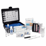 The POOL MGR Tablet Series Test Kits - 3368-01 features a black case, various test tubes, vials, color comparison charts, chemical tablets, a brush, and instruction cards neatly arranged on a white background.