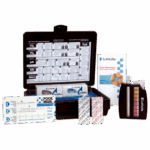 The POOL MGR Tablet Series Test Kits - 3368-nj-01 includes various testing tablets, a color comparison chart, instruction booklet, and a black carrying case displaying guidelines for testing chlorine, pH, alkalinity, and hardness.