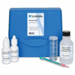 A blue LaMotte Alkalinity Test Kit - 3467-01 case labeled Alkalinity includes bottles of Indicator #1, Indicator #2, Alkalinity Titration Reagent B, a plastic graduated cylinder, and a syringe with measurements.