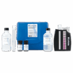 A Nitrate Nitrite Test Kit - 3519-01 featuring bottles labeled Mixed Acid and Color Developing, two small droppers, a blue carrying case, a test tube, and a black plastic color comparator with color strips.