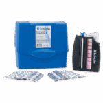 The Aluminum Test Kit - 3569-01 features a blue plastic case, color comparator, instructions, and individually packaged test tablets neatly arranged in front of the case.