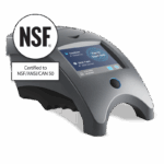 A sleek, gray Mobile WaterLink Spin Touch - 3581 device with a touch screen display showing water testing data. An NSF certification badge and text read: Certified to NSF/ANSI/CAN 50.