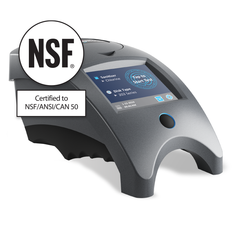 A sleek, gray Mobile WaterLink Spin Touch - 3581 device with a touch screen display showing water testing data. An NSF certification badge and text read: Certified to NSF/ANSI/CAN 50.