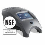 A gray Mobile Commercial WaterLink Spin Touch - 3582 electronic water testing device with a touchscreen display sits next to an NSF certification badge labeled Certified to NSF/ANSI/CAN 50 on a light background.