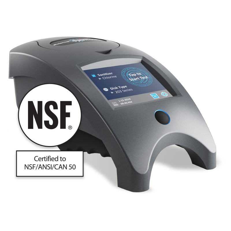 A gray Mobile Commercial WaterLink Spin Touch - 3582 electronic water testing device with a touchscreen display sits next to an NSF certification badge labeled Certified to NSF/ANSI/CAN 50 on a light background.