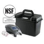A black hard plastic carrying case contains the Mobile Commercial WaterLink Spin Touch - 3582 digital testing device with a display screen, two clear circular sample vials, and an NSF certification badge that reads Certified to NSF/ANSI/CAN 50.