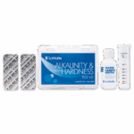 LaMotte Alkalinity & Calcium Hardness Test Kit - 3583 includes chemicals in blister packs, a plastic container, water sample bottle, and a clear plastic test tube with measurement markings, all displayed on a white background.