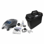 A portable silver and black WaterLink Spin Touch BC - 3586 water testing device kit, including a main unit, black carrying case, instruction manual, cables, power adapter, small containers, and sample vials arranged on a white background.
