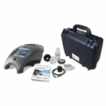 A portable WaterLink Spin Touch FX - 3589 water analysis kit with a digital device, black carrying case, instruction manual, cables, sample bottles, and various accessories arranged on a white background.